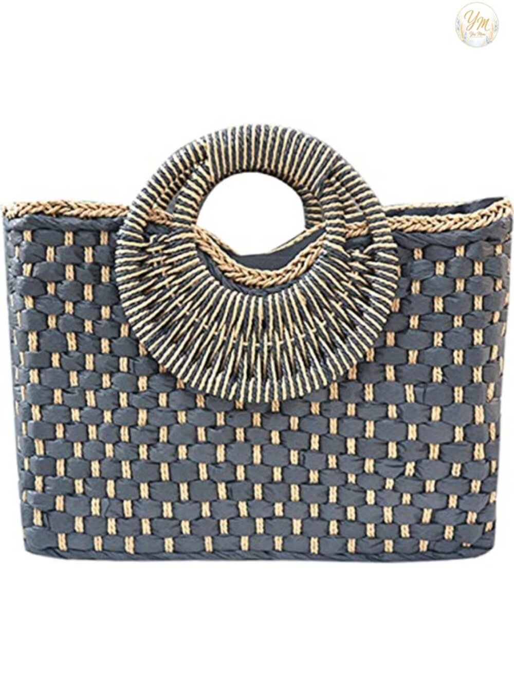 Straw Tote Bag Handwoven Rattan Beach Purse Wood Handle Summer